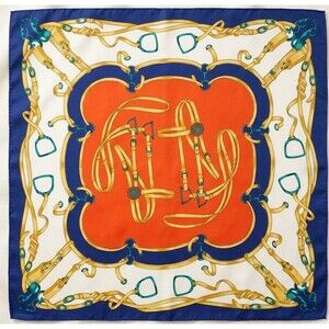 Equestrian Silk? Twill Scarf Orange Blue Gold Horse Bit Bridle Print 35”